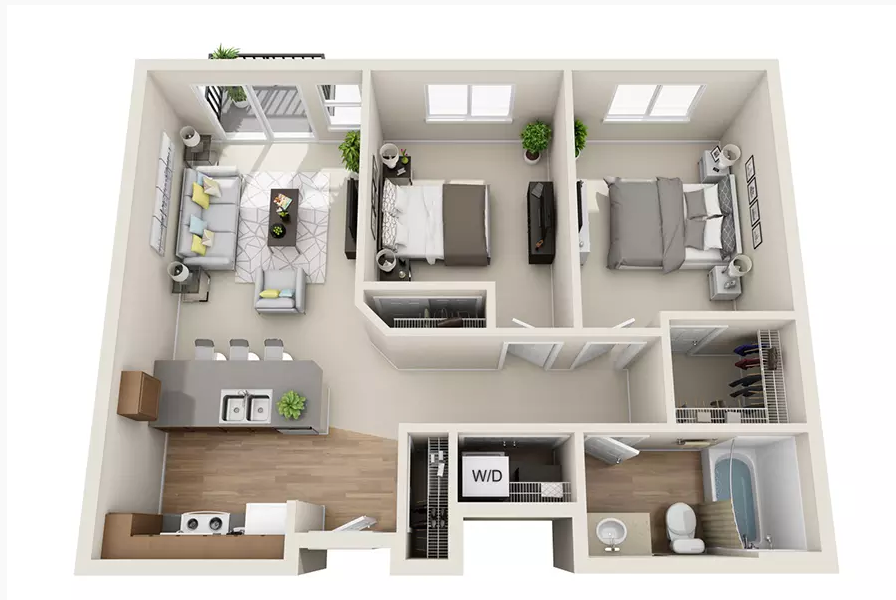 Floor plan for 2 beds, 1 bath, 794 sqft